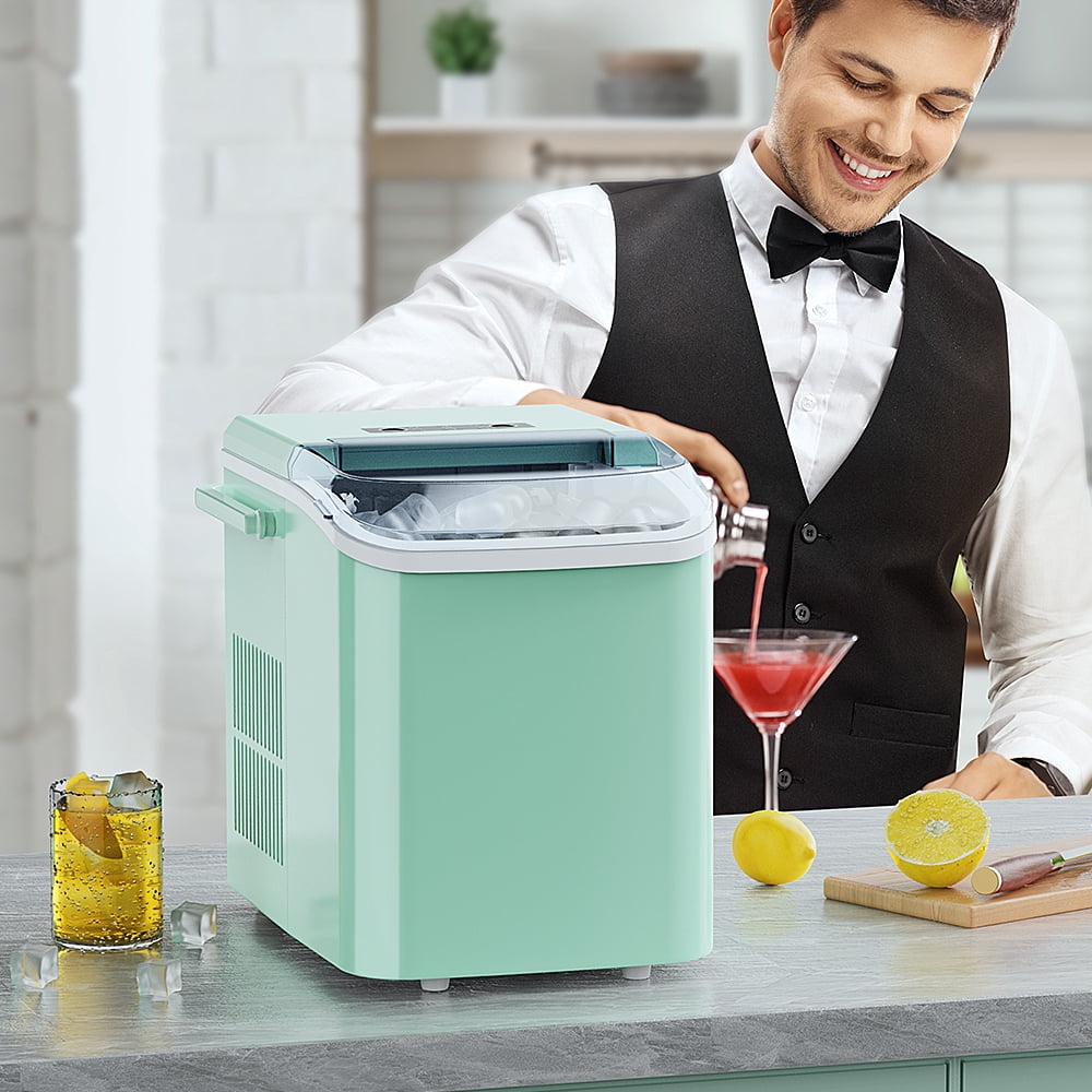 Portable Self Cleaning Countertop Ice Maker Machine, 6 Mins/9 Pcs, 26.5lbs/24Hrs, 2 Sizes of Bullet Ice, Ideal for Kitchen, Office, and Parties, Stainless Steel Green Ice Maker with Scoop and Basket