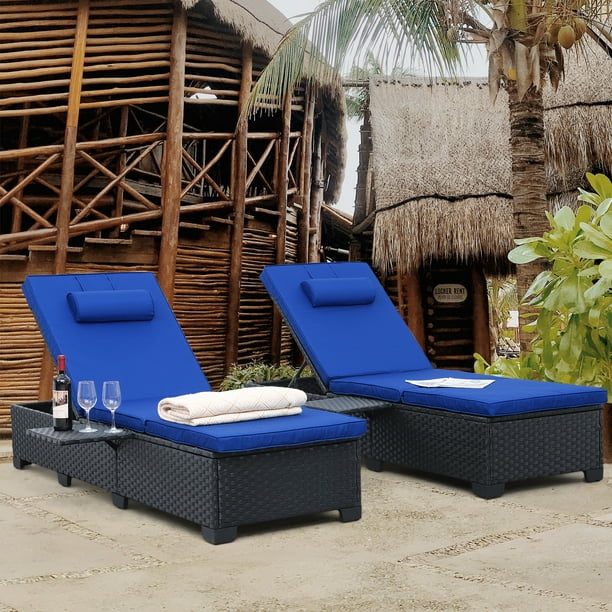Outdoor 2 Pieces PE Wicker Chaise Lounge Patio Rattan Reclining Chair