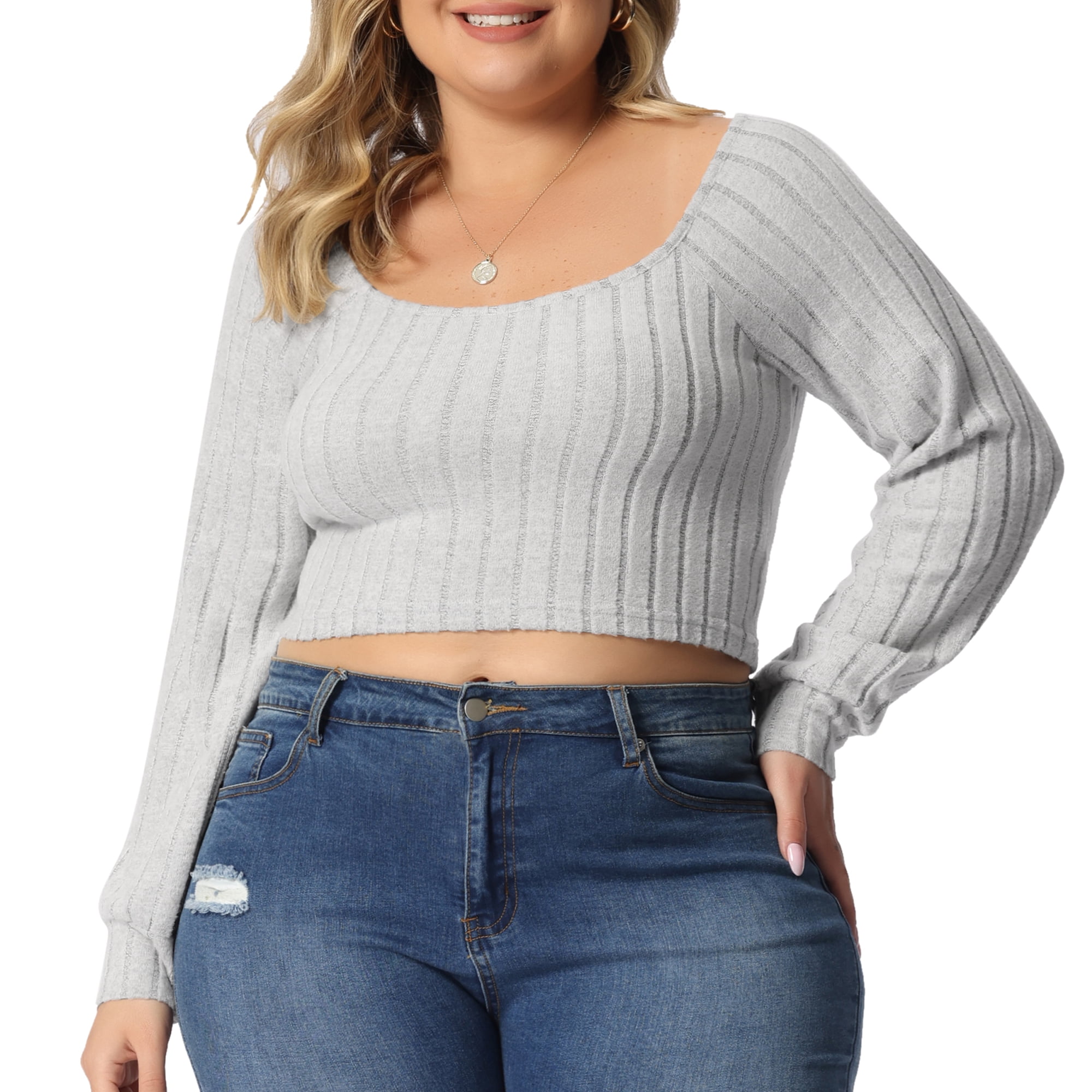 Unique Bargains Women's Plus Size Blouse Square Neck Long Sleeve Cropped Tops 2X Gray