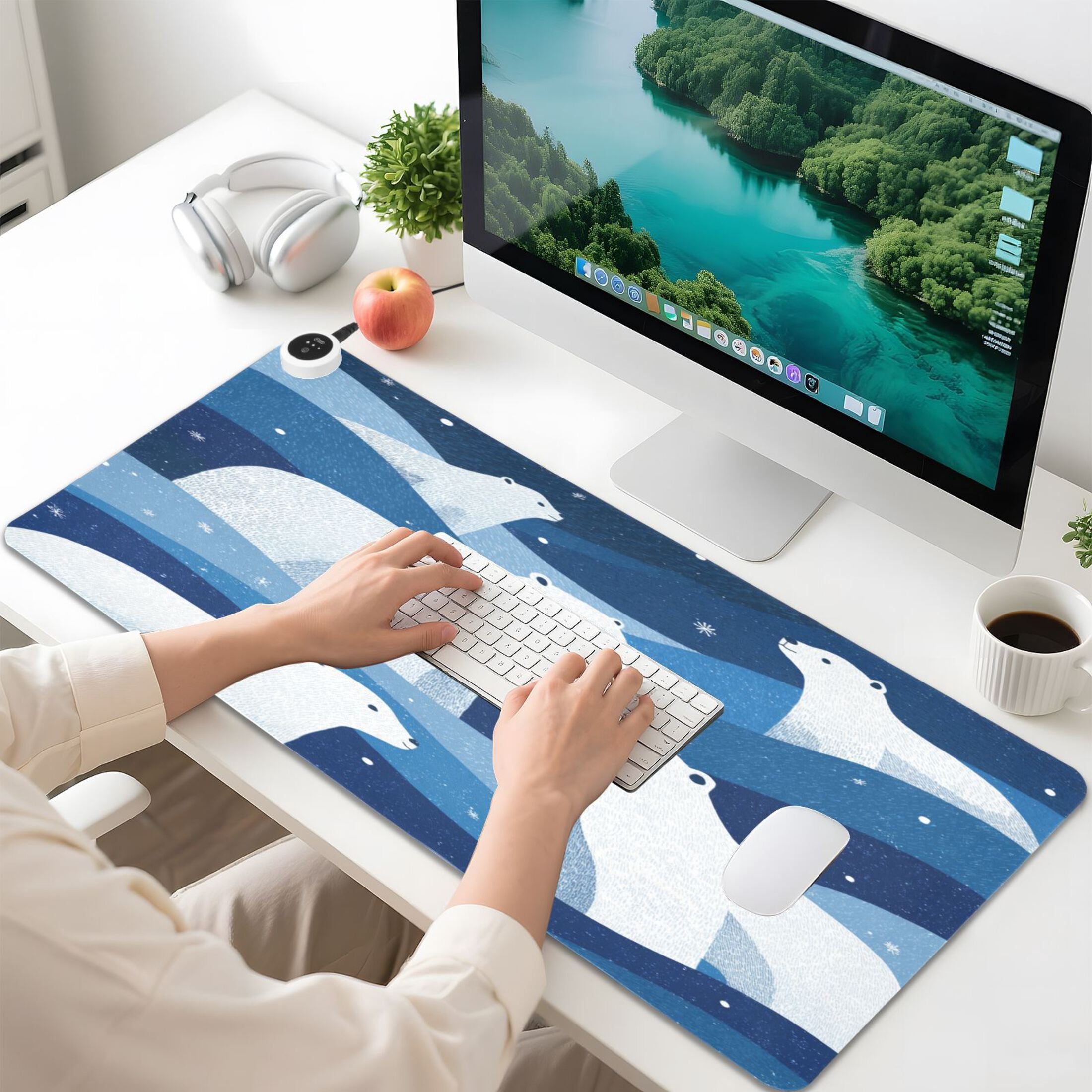 Large Heated Desk Mat Mouse Pad 31.5"x13"PU Leather Graphene Heating Desk Warmer with 3 Temperature Settings 110V US Plug Non-Slip Warm Pad for Home, Office, and Gaming Arctic Night Bear Art