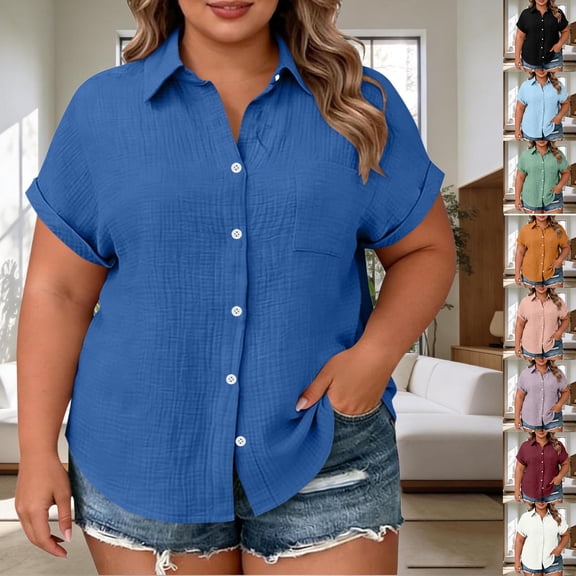 Luvrsol Short Sleeve Tops for Women Plus Size Button Down Shirt with Notch Collar and Patch Pockets Tunic Tops Loose Fit Dressy, L-4XL