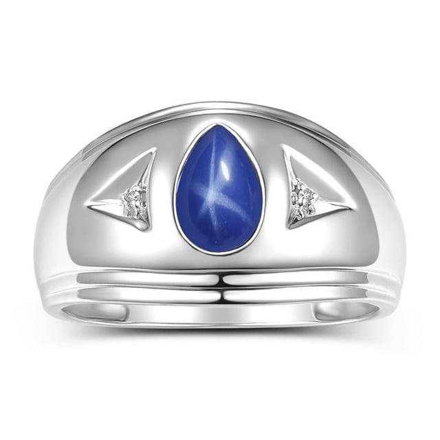 RYLOS Men's Rings Sterling Silver Pear Shape Tear Drop Cabochon Gemstone & Diamond Rings; Blue Star Sapphire Size 9
