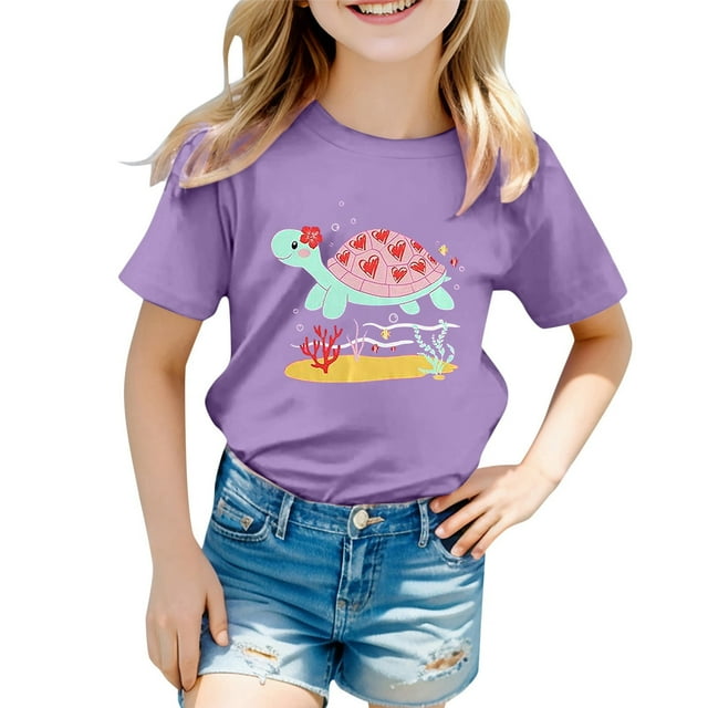 T-shirts pour Filles, Imprimé Graphique Océan Mignon, Manches Courtes, Hauts Amples, Violet 8-9 Ans