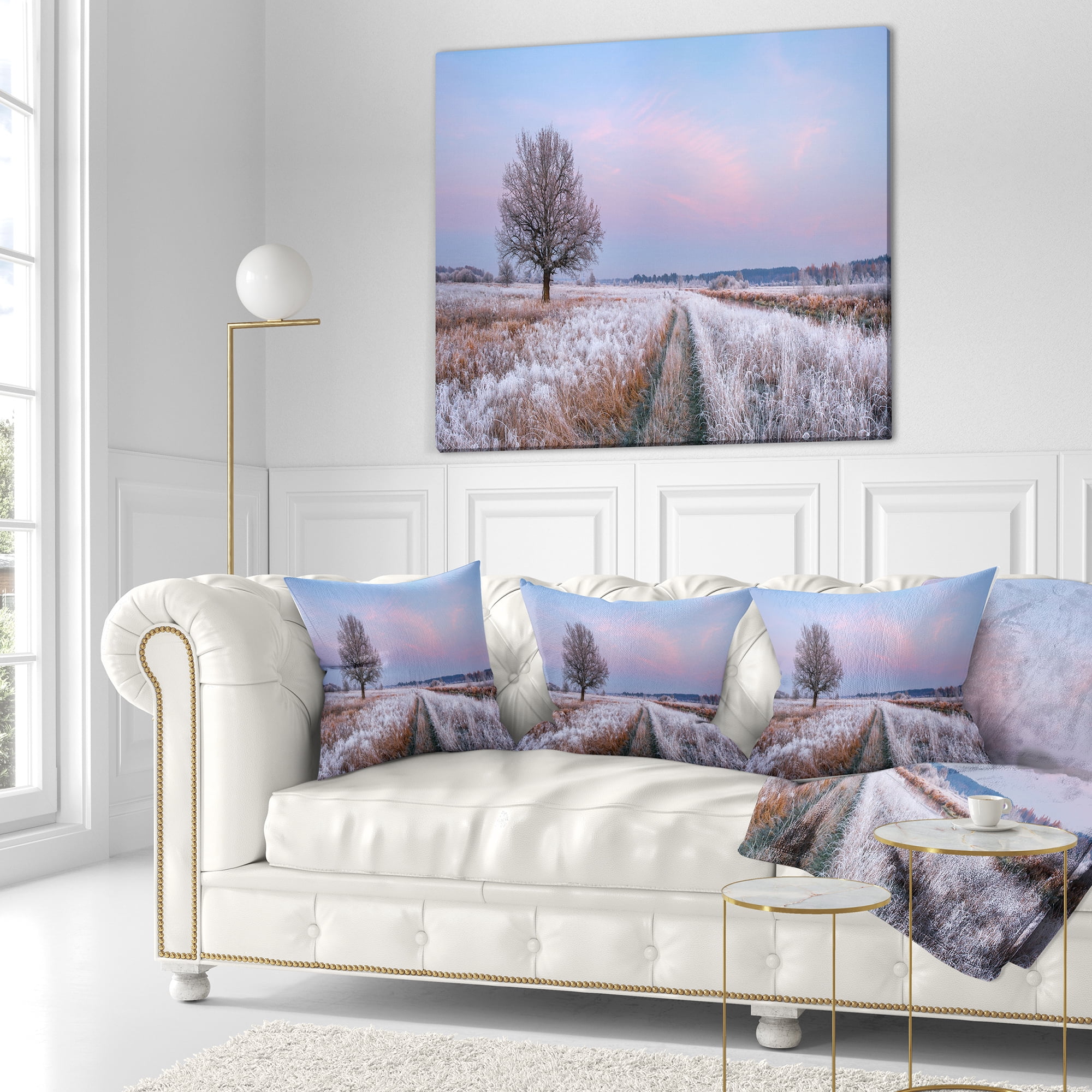 Designart Dry Oak Tree in Winter Panorama - Landscape Printed Throw Pillow - 18x18