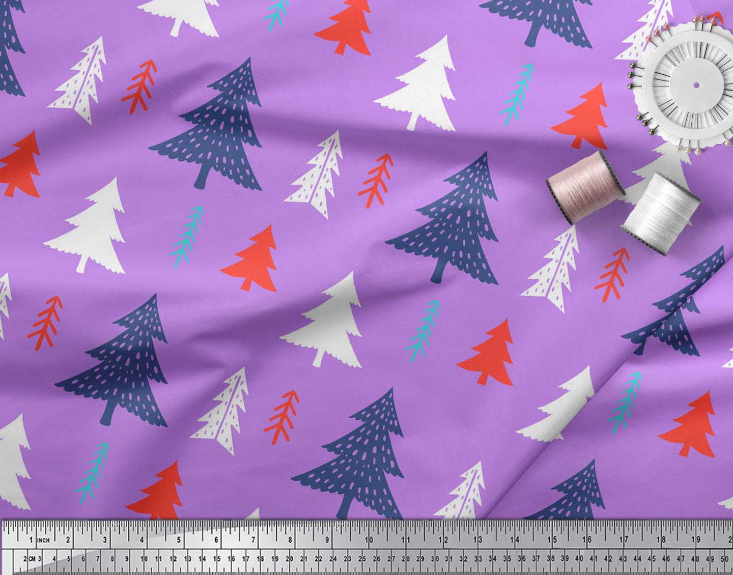 Soimoi Purple Cotton Voile Fabric Christmas Tree Print Fabric by the Yard 56 Inch Wide
