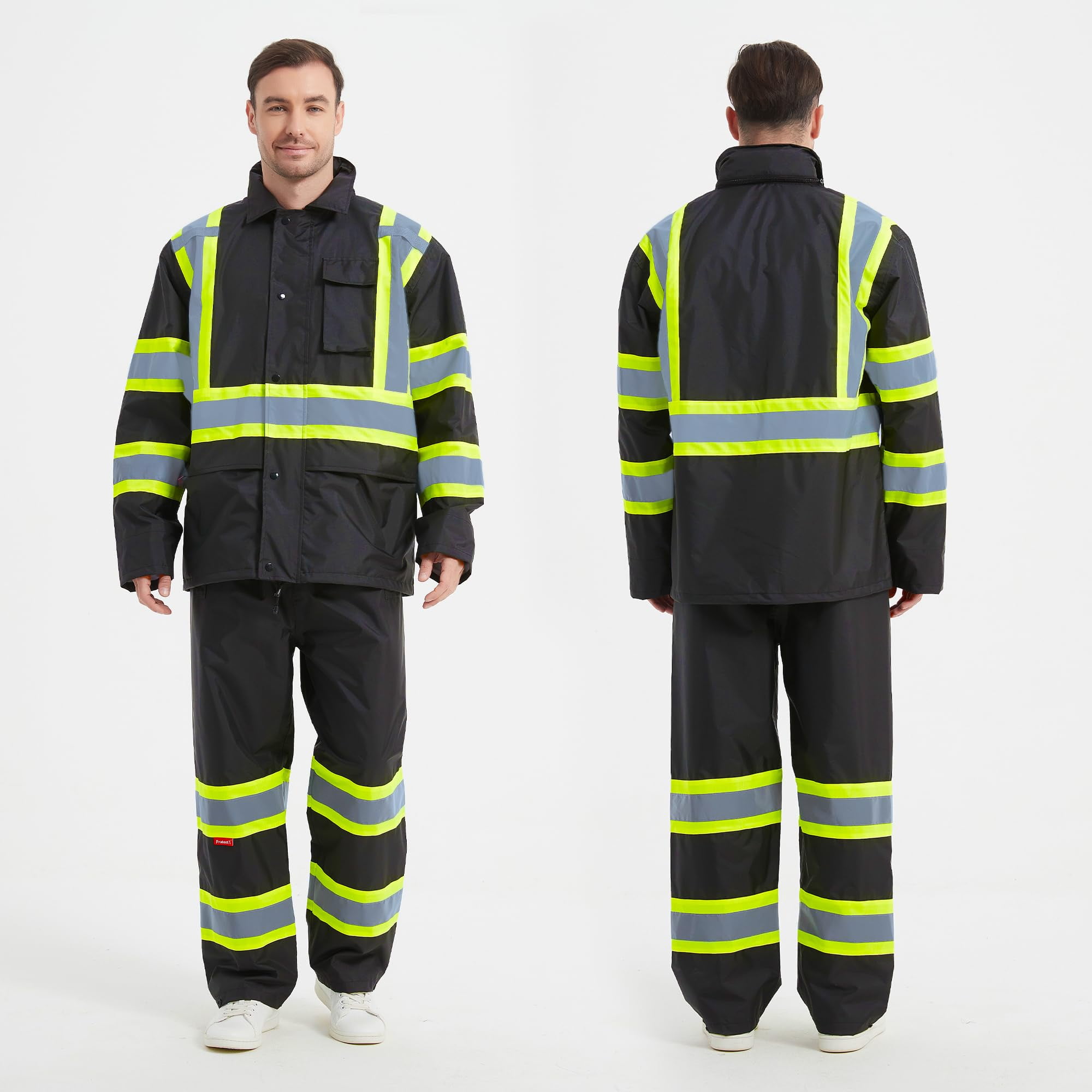 ProtectX Hi Vis Safety Rain Jacket and Pants, Waterproof Reflective Rain Gear for Farming Fishing Work, Men Women Rain Suit with Inner Mesh Lining and Pockets, Black