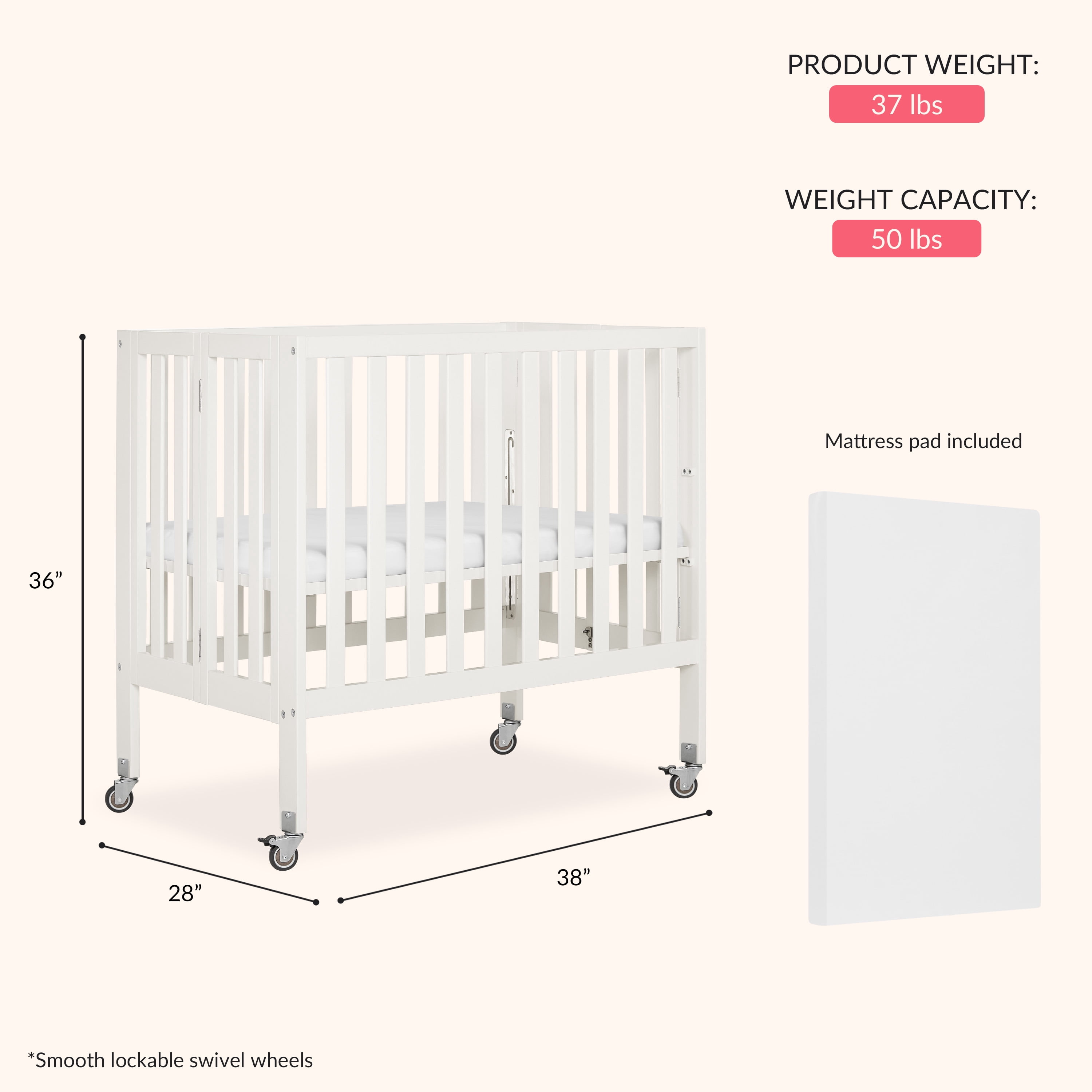 Dream On Me Jett Non-Full Size Folding Crib, Removable Wheels, Modern Nursey, Adjustable Mattress Support, Patent Folding System, Included 1.5” Mattress, Cannoli cream