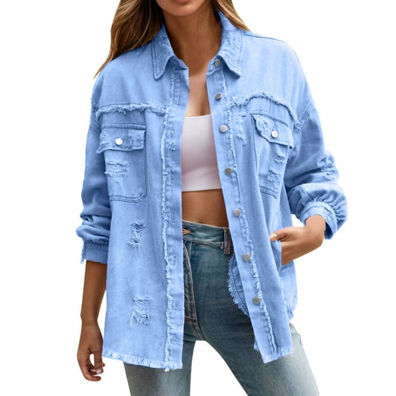 Womens Jackets Fall Jackets for Women 2025 Women's Trendy Ripped Oversized Denim Jacket Casual Long Boyfriend Distressed Denim Jacket Coat