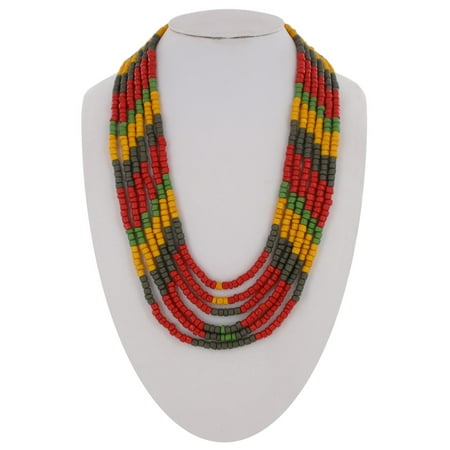 - Red Green Yellow Gray Plastic Multi Strand Layered Beaded Necklace