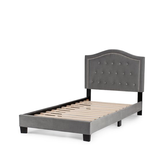 Maykoosh Antique Appeal Twin Velvet Fabric Upholstered Bed Frame with Slats in Gray