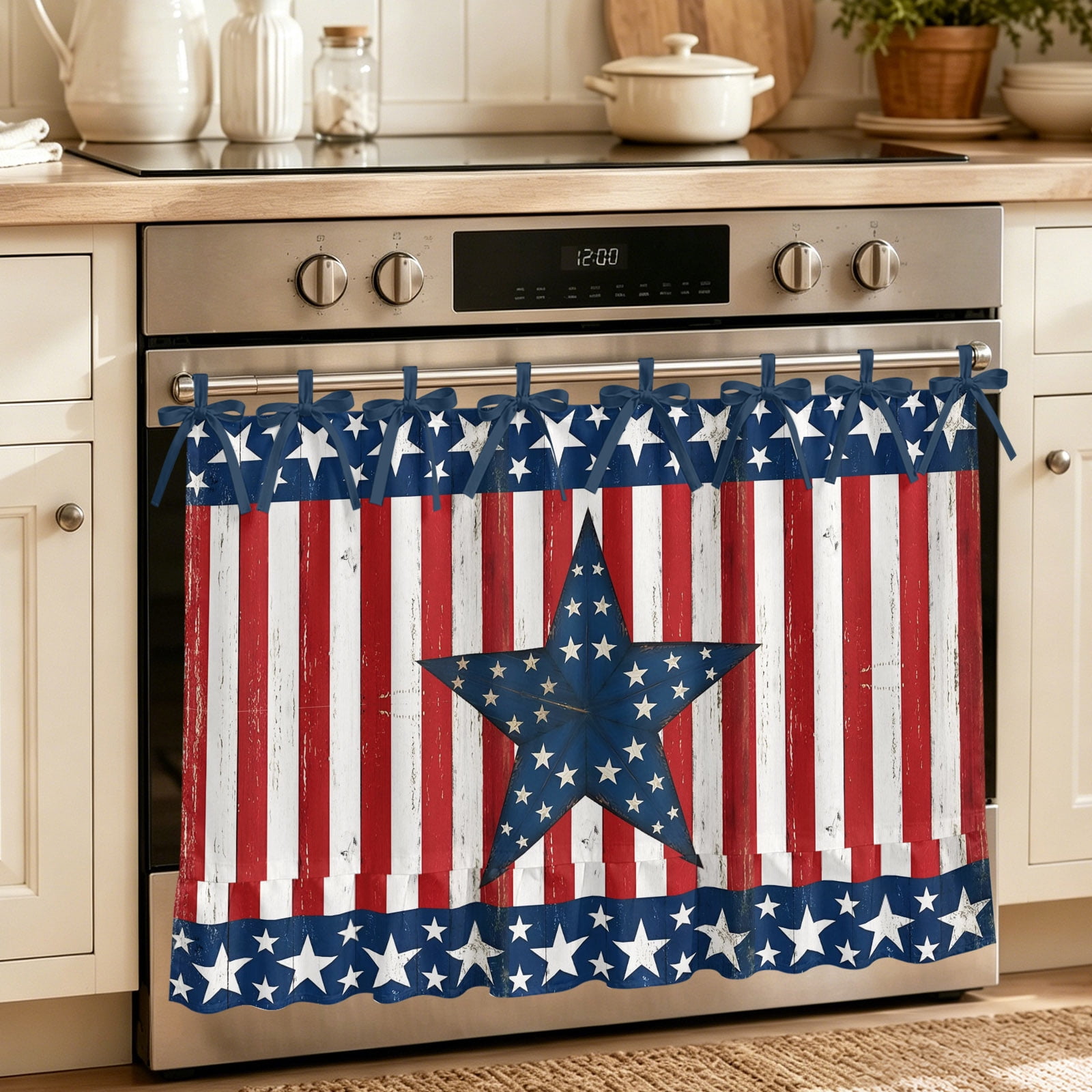Independence Day Oven Skirt for Farmhouse Kitchen D&eacute;cor American 250 Years Red Blue Star Striped Oven Curtain Tie Top Decorative Stove Skirt Cabinet Dish Washer Curtains with 8 Ribbon Ties 27 x20