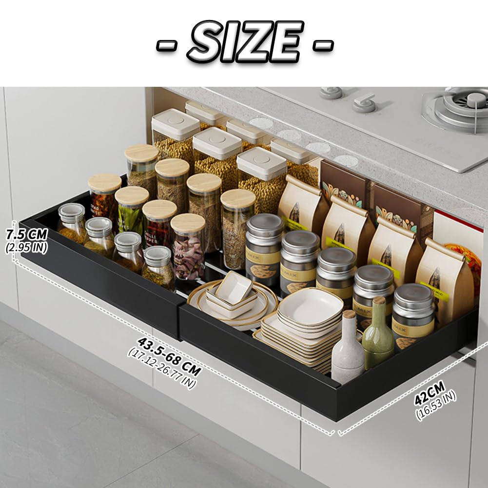 Expandable Pull Out Drawer, 16.5" Cabinet Organizer Slide Out Shelf with Adhesive, Heavy Duty Steel Kitchen Pantry Storage Basket for Spices Cans, Adjustable Width 17"-26.7"