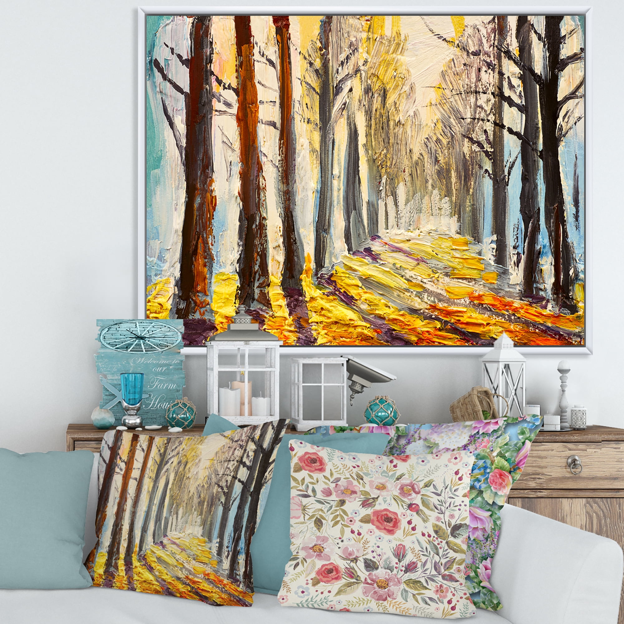 Morning Glow Through The Autumn Trees 32 in x 24 in Framed Painting Canvas Art Print, by Designart