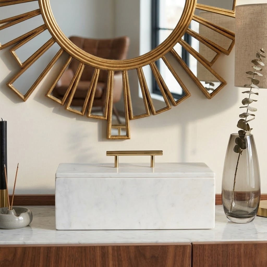 Decorative Marble Rectangular Box with Handle for Home Decor - Modern Organizer for Jewelry and Keepsake Storage - Decor Box for Bedroom, Living Room, and Shelf Accent - 8", White & Gold