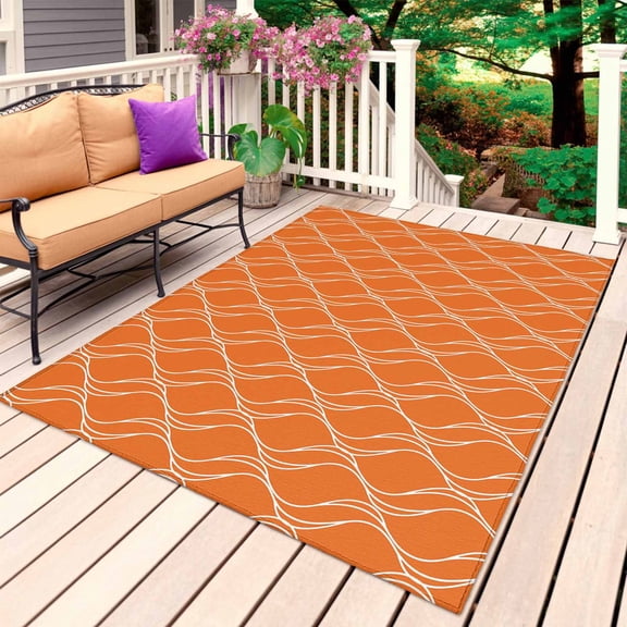 Orange Stripes Outdoor Rug for Patio/Deck/Porch, Non-Slip Large Area Rug 3 x 5 Ft, Simple Geometric Modern Monochrome Indoor Outdoor Rugs Washable Area Rugs, Reversible Camping Rug Carpet Runner