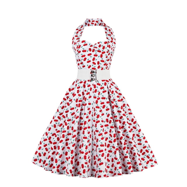 Vestidos Para Mujer Vestidos Casuales Sin Mangas Cuello Redondo Retro Estampado de Lunares Cinturón de Cintura Alta Cuello Halter Vestido Sin Espalda Odeerbi ODB149645