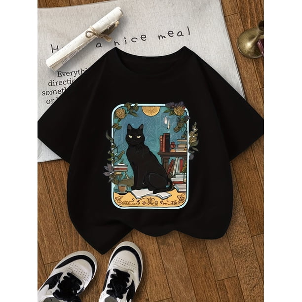 Black Cat Cartoon Print T-Shirt for Girls, Casual Crew Neck Short Sleeve Knit Top, Polyester Blend with Slight Stretch, Summer Fashion for Ages 8-14