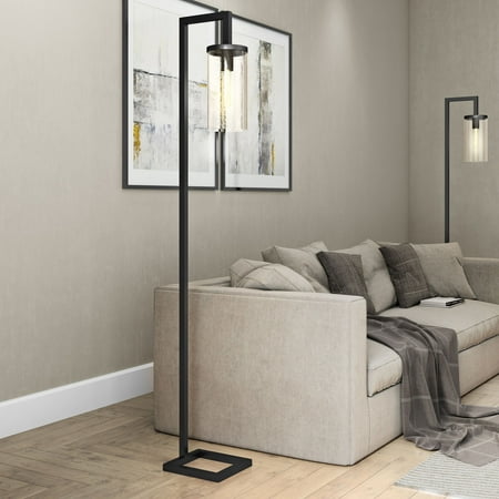 Malta Metal/Glass Industrial Reading Floor Lamp with Seeded Glass Shade in Blackened
