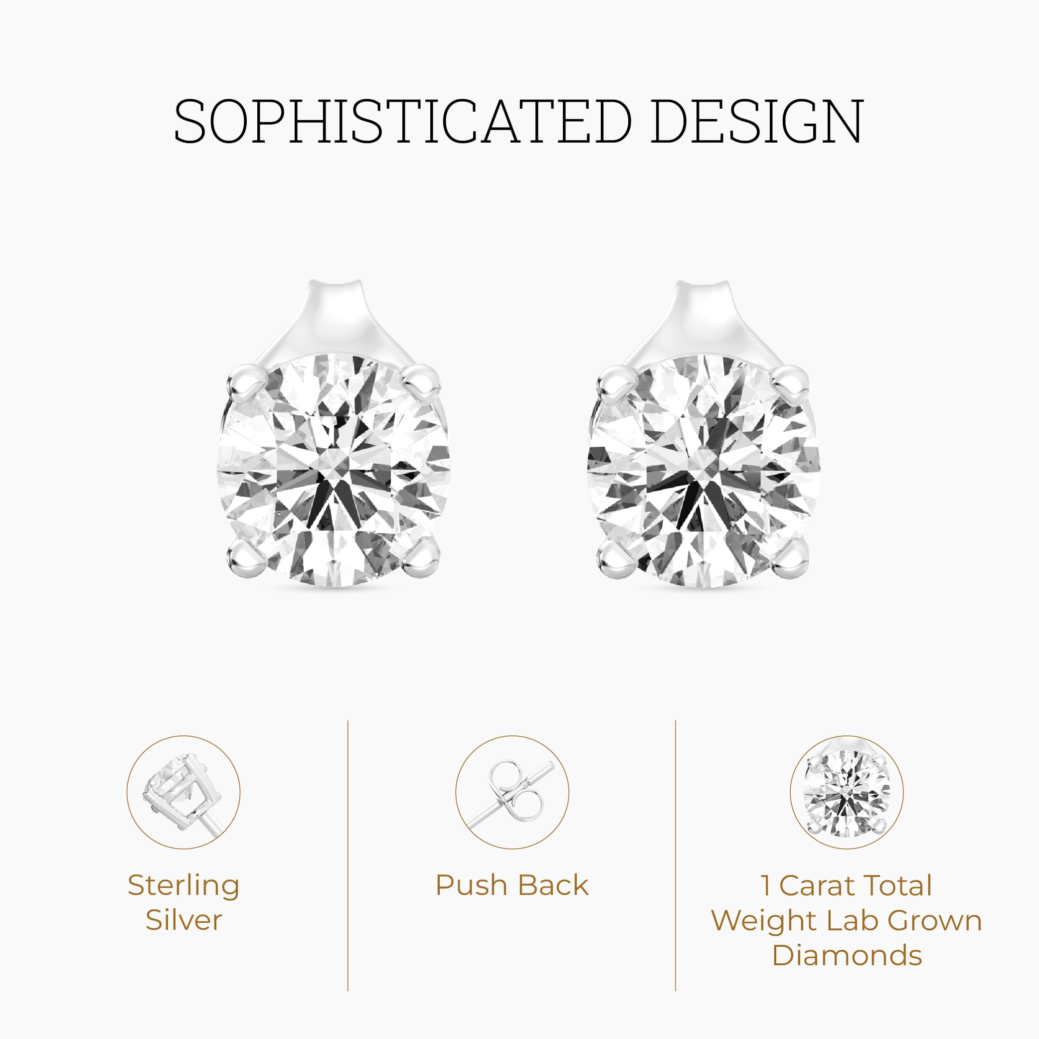 Gilded 1 CTW Lab-Grown Diamond Stud Earrings for Women & Men, Round Cut 925 Sterling Silver, Hypoallergenic Jewelry - SI1 Clarity F Color