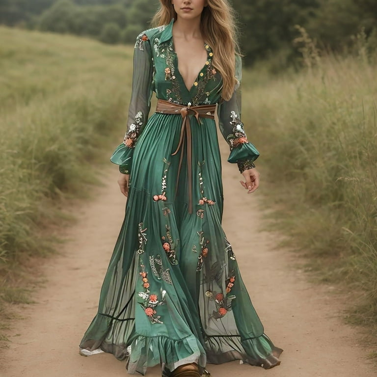 Felirenzacia Women's Green Floral Maxi Dresses Casual Deep V Neck Long Sleeve Evening Dress Cocktail Party Dress for Women Felirenzacia Women's Green Floral Maxi Dresses Casual Deep V Neck Long Sleeve Evening Dress Cocktail Party Dress for Women