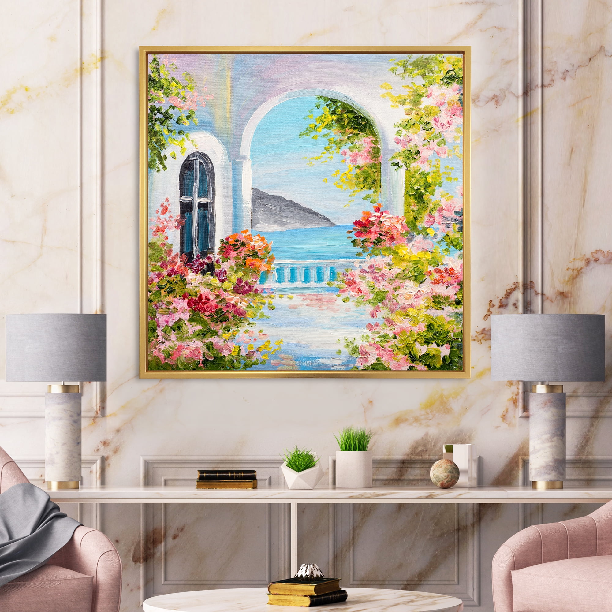 Pink Flowers With Traditional Greek House 30 in x 30 in Framed Painting Canvas Art Print, by Designart