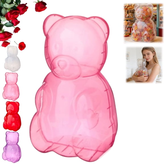 Gummy Bear Storage Box - Clear Plastic Cute Bear Shaped Gummy Bear Container, Spacious Candy Boxes for Valentine Gift, Valentine's Day & Birthday Party Favors (Pink,1PC)