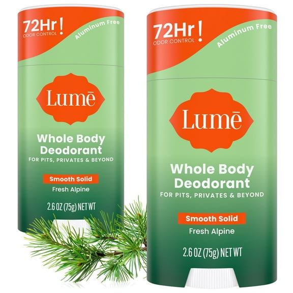 Lume Whole Body Deodorant Solid Stick - 72 Hour Odor Control - Aluminum Free, Baking Soda Free and Skin Safe - Fresh Alpine, 2.6oz (2 Pack)