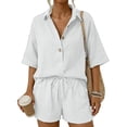 thumbnail image 6 of MuXiKeJi Clothes Linen Sets For Women 2 Piece 2026 Short Sleeve V Neck Button Casual Suits Oversized Beach Shirts And Shorts Outfits, 6 of 7