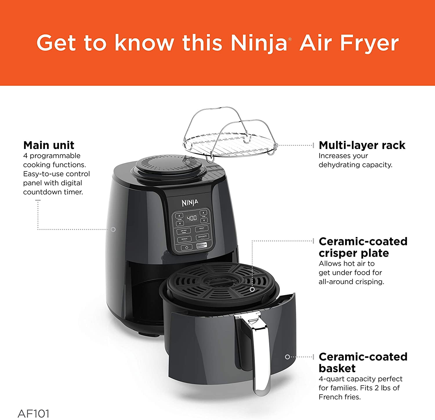 NINJA 4 qt. Electric Black Air Fryer with Recipe Book (AF101