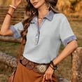 thumbnail image 5 of Miluxas Women's Summer Short Sleeve Tops Button-Up Collared Shirts with Linen and Denim Contrast Collar Trendy Business Casual Tunic Blouse Gray, 5 of 8