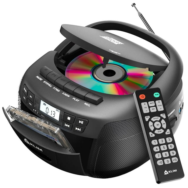 KLIM Reproductor de CD + cinta de casete, Boombox de CD Bluetooth, radio AM/FM, sonido estéreo, control remoto, combo de reproductor de CD y casete, grabación de cinta, unidad USB, AUX, reproductor de