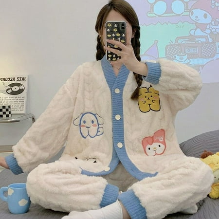

Sanrios Cinnamoroll Soft Coral Velvet Pajamas Winter Comfortable Warm Household Clothes Korean Version Cardigan Plush Sleepwear