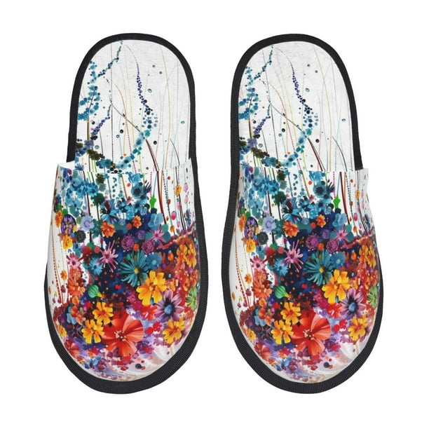 Fotbe Colorful Floral Jellyfish Pantuflas Peludas para Mujer con Estampado, Zapatillas de Peluche, Zapatos de Invierno para Casa, Uso Interior y Exterior-Large