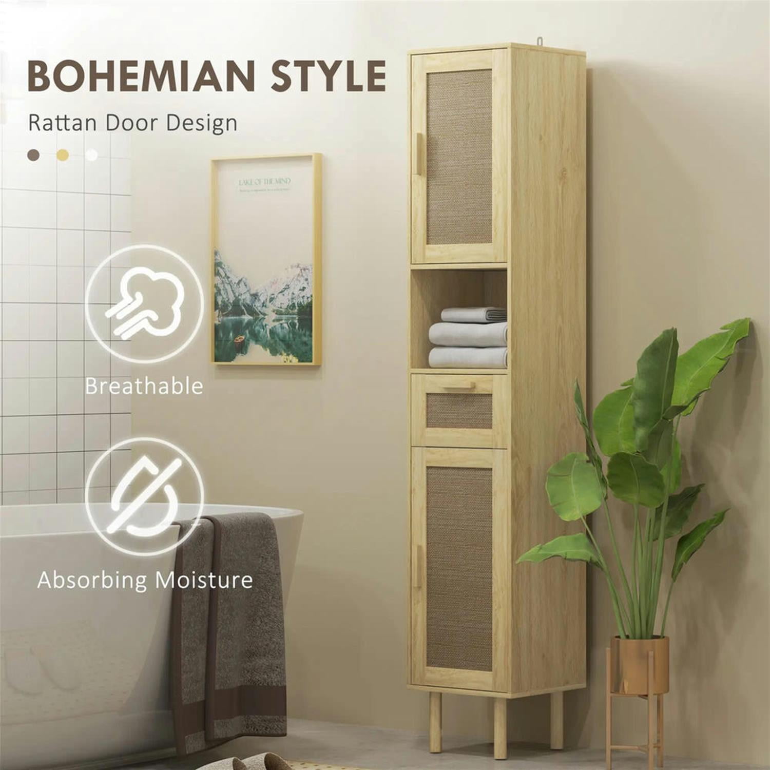 Demi Bonn 67" Tall Bathroom Storage Cabinet, Freestanding Cabinet with Rattan Drawer and Door for Living Room, Kitchen, Dining Room, Office, Beige
