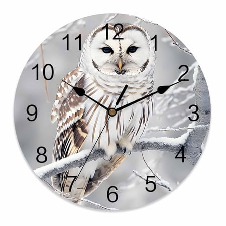 Wall Clock 14 Inch Snowy Owl Round Silent Decorative Wall Clocks Battery Operated for Living Room Bedroom Kitchen Classroom Decor, Winter Owl on Tree Branch,Large