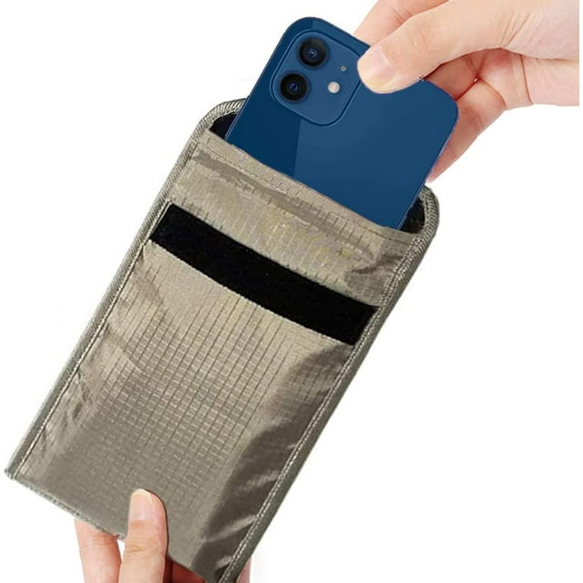 Faraday Bag Anti Radiation Cell Phone Sleeve with metallic finish, designed for privacy protection and EMF shielding. Compatible with iPhone 12 Pro, it blocks signals including RFID, GPS, WiFi, and Bluetooth, ensuring anti-tracking, anti-hacking, and signal blocking functionality.