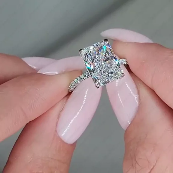 3.65Ctw Radiant Cut Moissanite Hidden Halo Engagement Ring 14K White Gold Plated