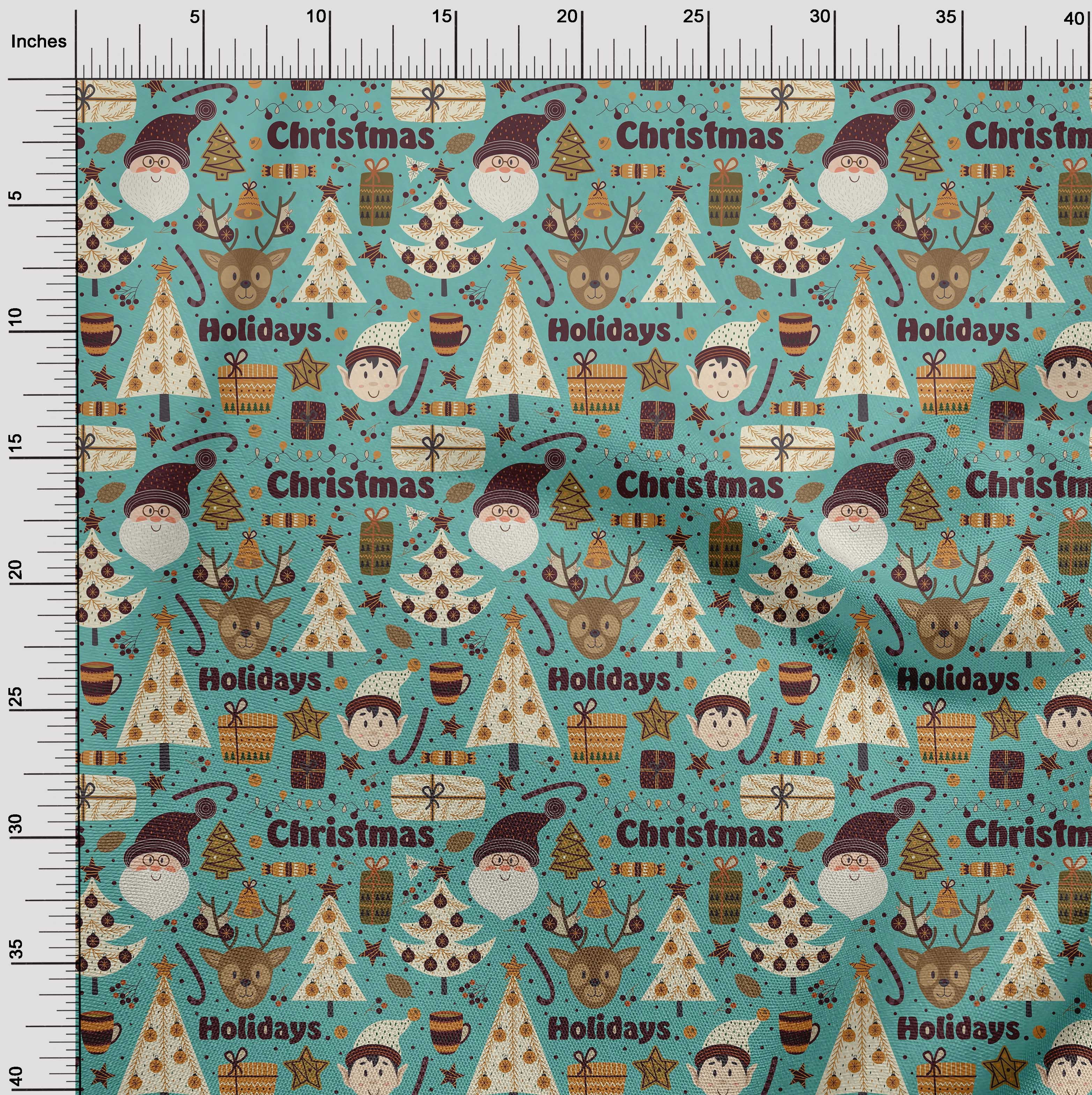 oneOone Cotton Jersey Dusty Teal Green Fabric Santa|Gift Box & Tree Christmas Sewing Material Print Fabric By The Yard 58 Inch Wide