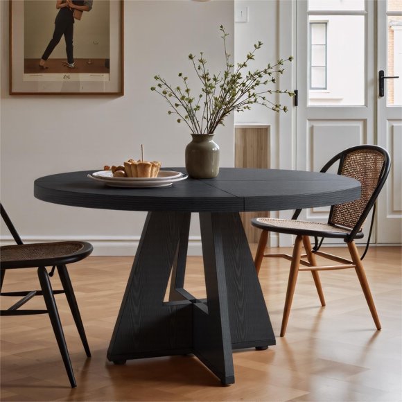 Fnova 47" Coffee Table, Round Dining Table for 4 People, Modern Farmhouse Wooden Kitchen Table, Living Room, Black (Chairs Not Included)