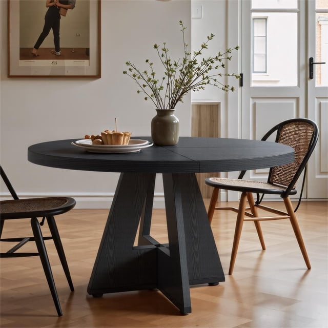 Fnova 47" Coffee Table, Round Dining Table for 4 People, Modern Farmhouse Wooden Kitchen Table, Living Room, Black (Chairs Not Included)