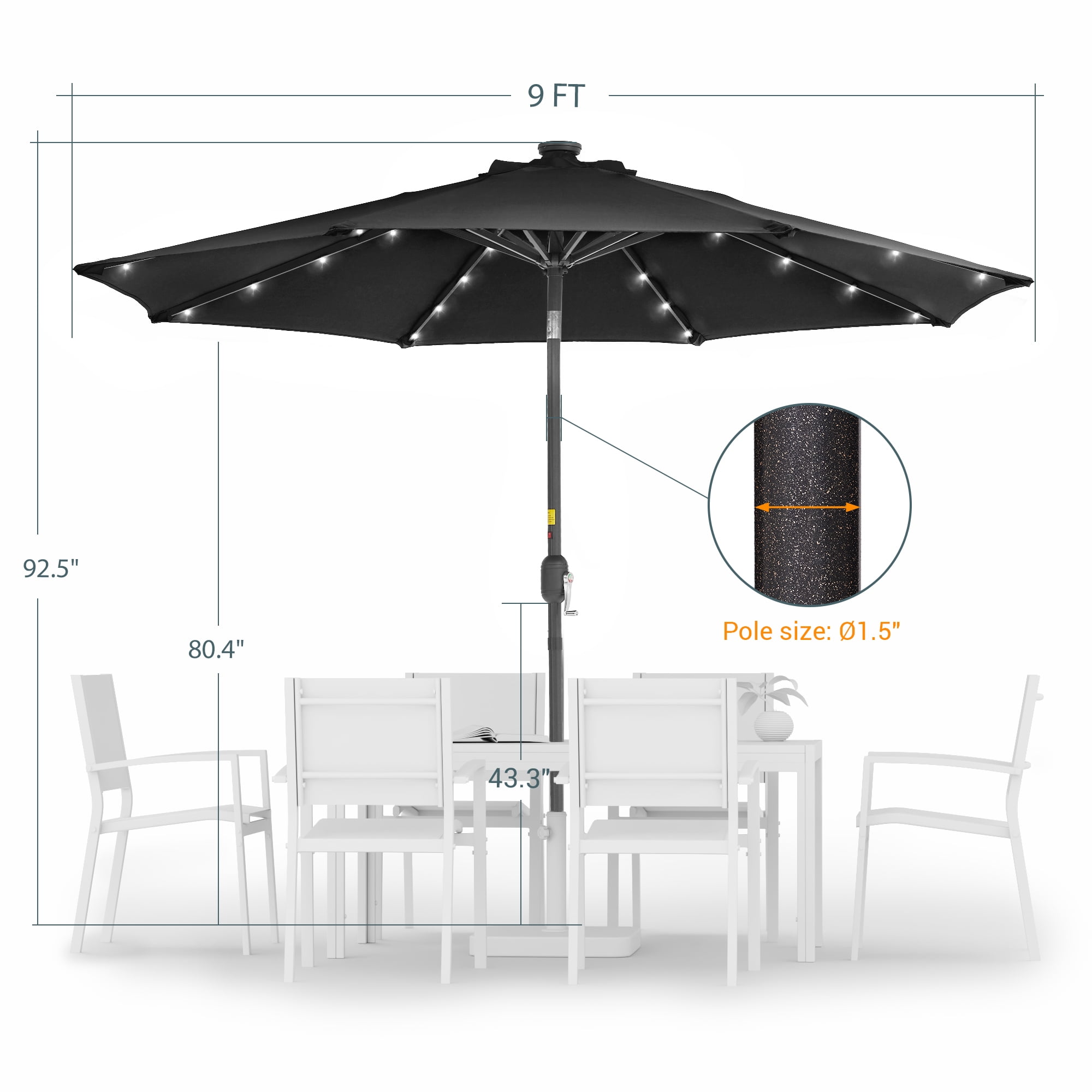 ACEGOSES 9ft LED Outdoor Patio Deck Solar Light Umbrellas w/ Tilt,Crank and 8 Ribs,Black