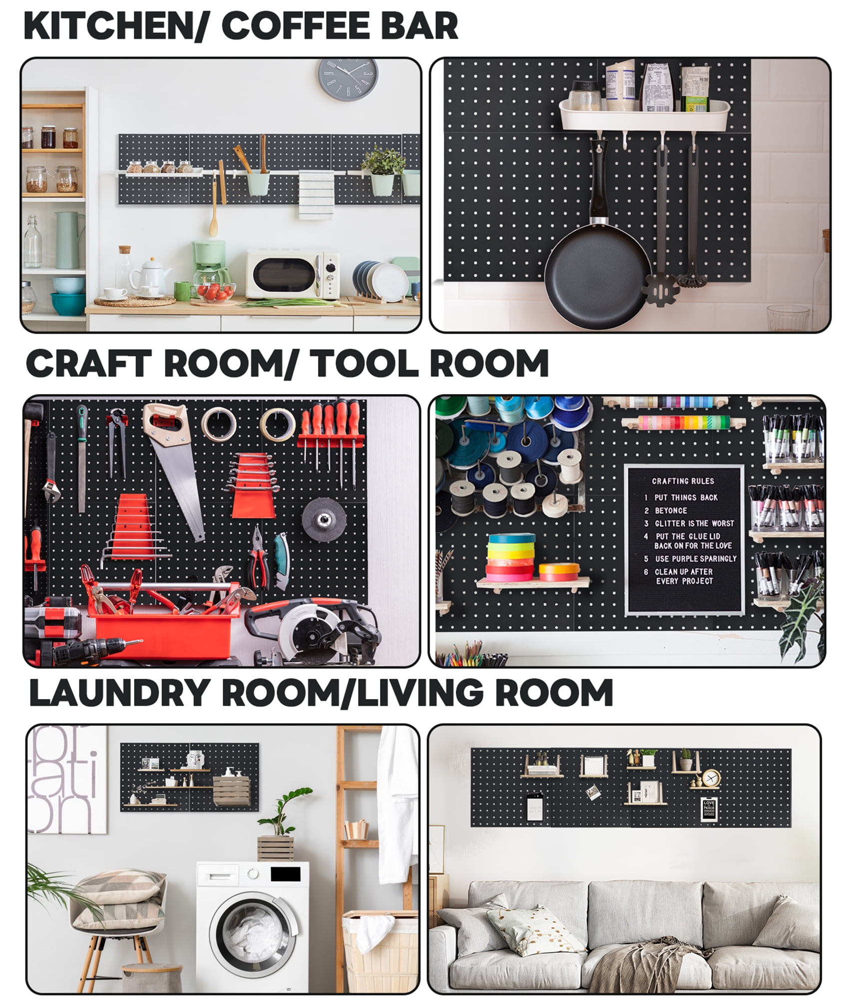 Gomok 4 pack Metal Pegboard Wall Organizer, 12"x12" Tool Organizer Pegboard Panels, Heavy Duty Peg Board Kit for Garage, Workshop, Office, Black