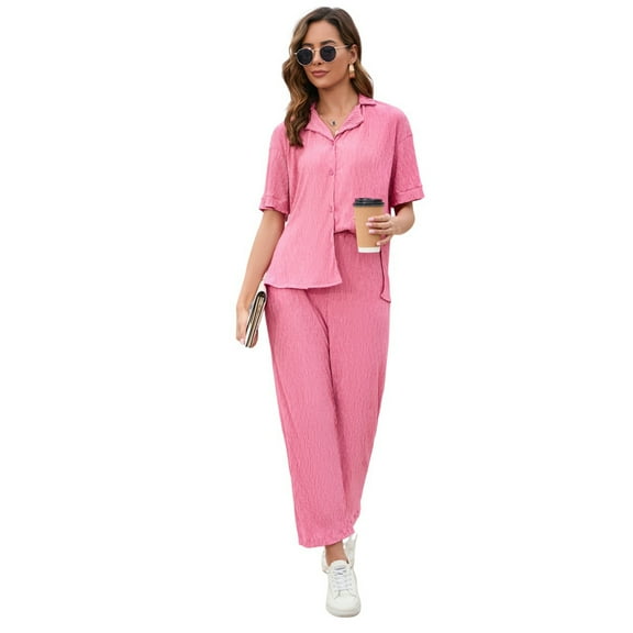 Women Pleated 2 Piece Outfits for Women Long Sleeve Shirt Wide Leg Pants Sets Casual Loungewear