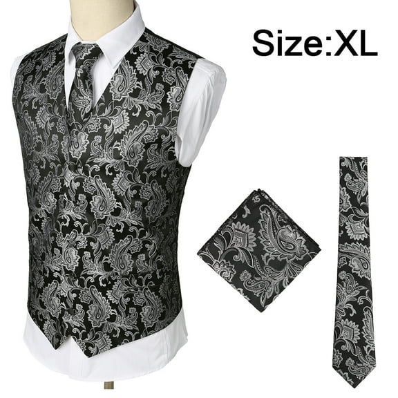 1 Set / 3 piece Formal Men Vest Suit Waistcoat Set Wedding Casual Vest Printed Pattern Chest Tie-Silver&39.3inch/426cm