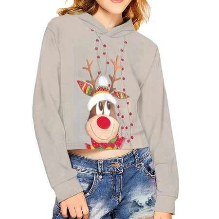 

Renewold Ugly Christmas Hoodied Teen Girls Age 13-14 Cropped Pullover Long Sleeve Crop Tops Hoodies Cartoon Funny Elk Graphic Sweatshirts Workout Sport Cycling Fall Clothes