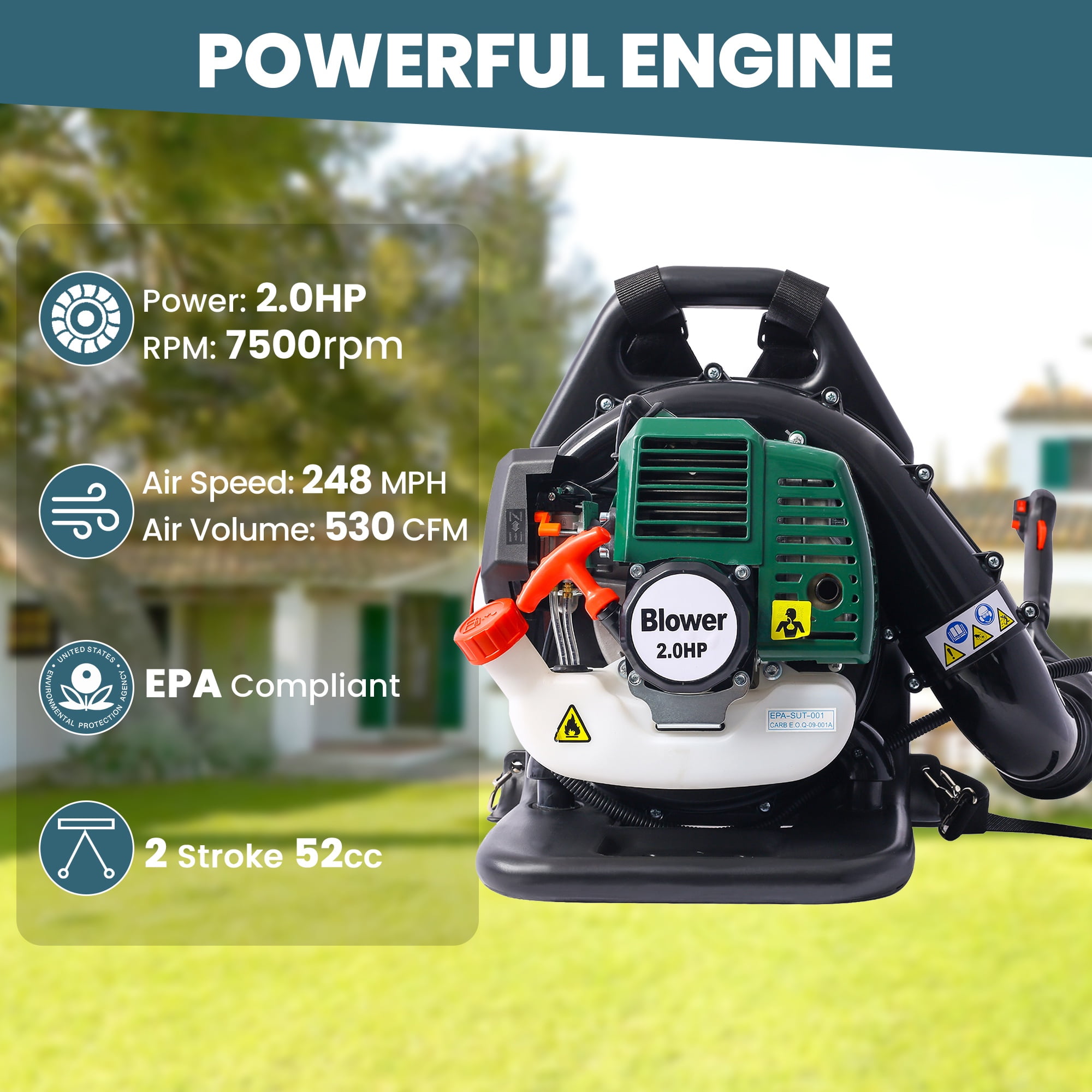 Backpack Leaf Blower Gas Powered 52CC, Seizeen Cordless Leaf Blower 530CFM Powerful, with Adjustable Handle & Extended Tube for Yard, Green