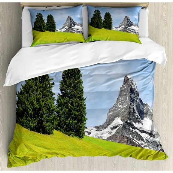 Mountain Duvet Cover Set, View of Mountain Matterhorn in a Peaceful Summer Day with Sun Rays Meadow Print, Decorative 3 Piece Bedding Set with 2 Pillow Shams, Queen Size, Green Blue, by Ambesonne