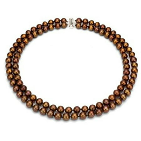 Chocolate Freshwater Pearl Necklace for Women, Sterling Silver 2 Row 17 & 18 9mm x 10mm