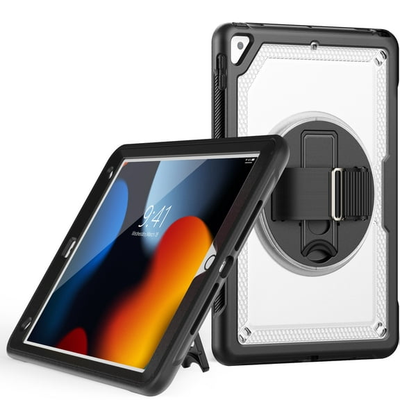 for Kids Rugged Heavy Duty Case for iPad 9th Gen 2021/8th Gen 2020/7th Gen 2019, Shockproof 360 Degree Rotatable Kickstand with Handstrap Protective Hybrid Cover Case for iPad 10.2 Inch, Clear