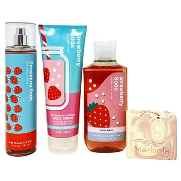 Bath & Body Works Strawberry Soda Trio Gift Set with a Marbela Himalayan Salts Springs Soap Bar Soap - Fragrance Mist - Body Cream and Body Wash - Full Size